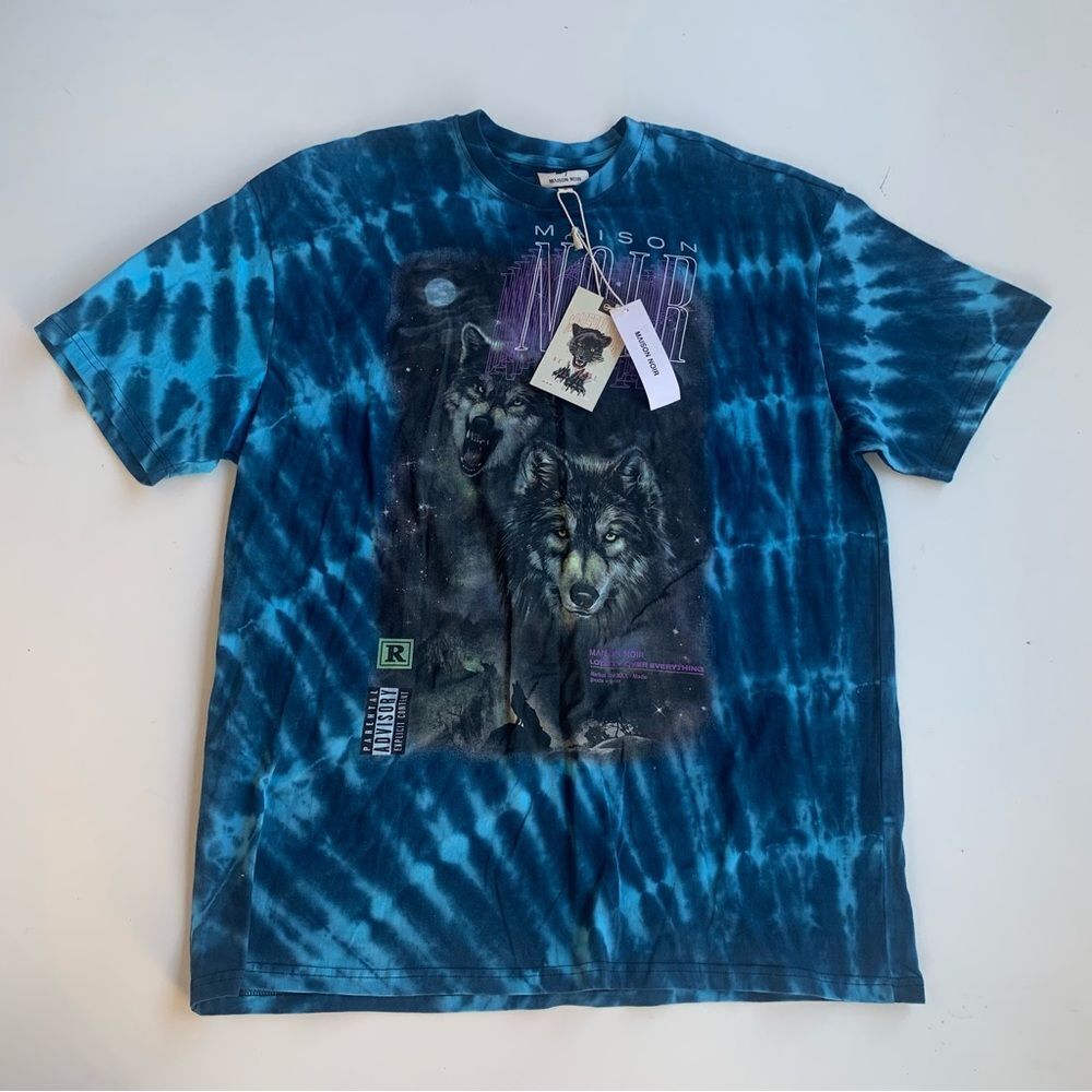 NWT Maison Noir Men's T-Shirt XL Night Wolf Short Sleeve Crew Neck Blue Tie Dye